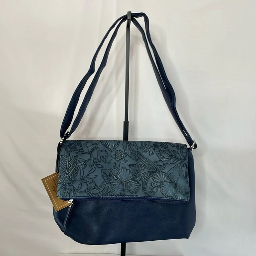 Gold Coast navy blue floral embossed flap adjustable crossbody strap pockets